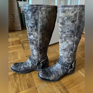 FRYE Phillip studded harness tall boots in chocolate glazed vintage leather